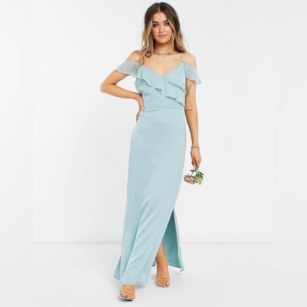 Oasis Light Blue Off Shoulder Ruffle Maxi Dress | Bridesmaid/ Wedding Guest Sz 8